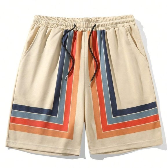 Khaki Casual Mens Striped Print Drawstring Waist Shorts - Picture 3 of 5